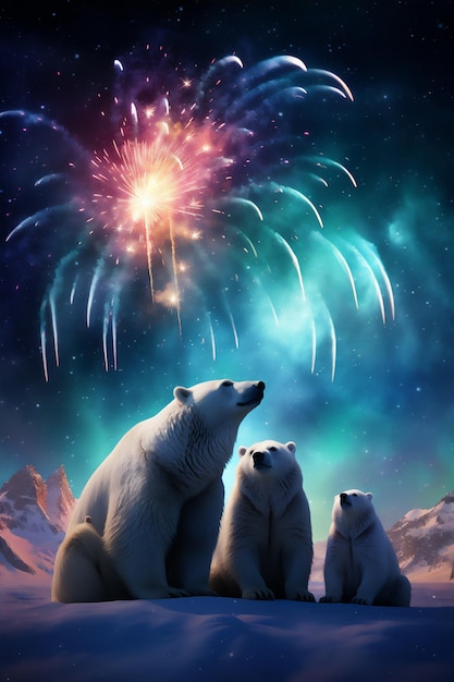 Feliz ano novo no norte polar urso polar observando fogos de artifício coloridos e aurora no céu noturno