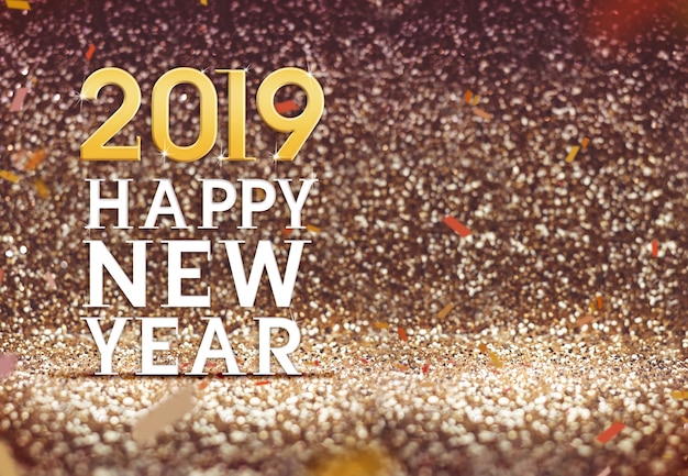 Feliz año nuevo 2019 en fondo dorado brillo abstracto