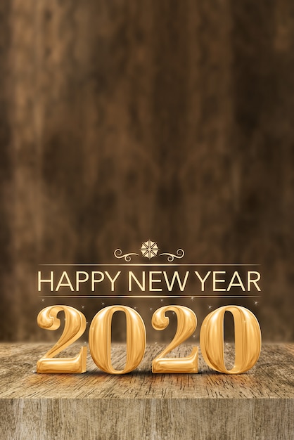 Foto feliz año nuevo 2020 en mesa de bloques de madera y pared de madera de desenfoque, banner vertical tarjeta de felicitación de vacaciones para redes sociales (representación 3d).