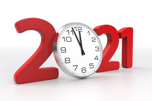 Feliz año nuevo 2021 concepto con reloj, aislado sobre fondo blanco. Representación 3D