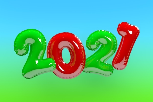 Feliz año nuevo 2021. Globos multicolores realistas de fondo. Representación 3D