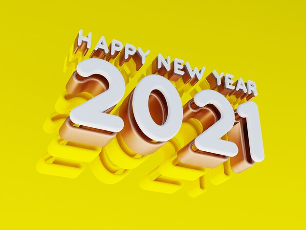 Feliz año nuevo 2021 letras doradas en negrita render 3d de alta calidad aislado en amarillo