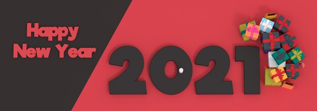 Feliz año nuevo 2021 con render 3d de caja de regalo