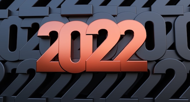 Feliz año nuevo 2022. 3D render de bronce año 2022 sobre fondo negro numérico