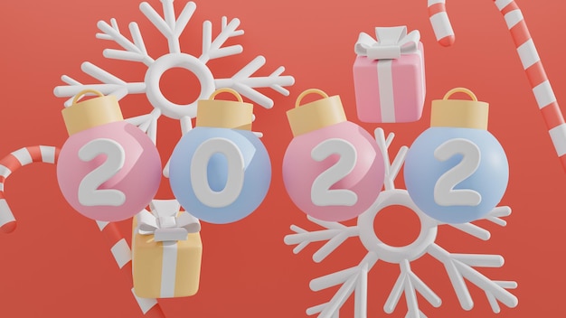 Feliz año nuevo 2022, bolas decorativas de adorno navideño con números 3d realistas y copo de nieve con caja de regalo sobre fondo rojo pastel. Representación 3d