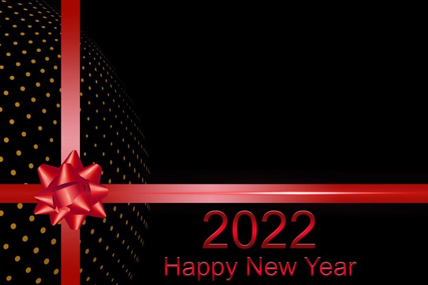 Feliz año nuevo 2022 diseño de texto. Ilustración de saludo con números rojos y cintas Feliz año nuevo 2022 diseño de carteles y tarjetas de felicitación.