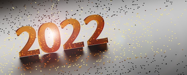 Feliz año nuevo 2022 tarjeta de felicitación con números de vidrio sobre brillo dorado. Ilustración 3D.
