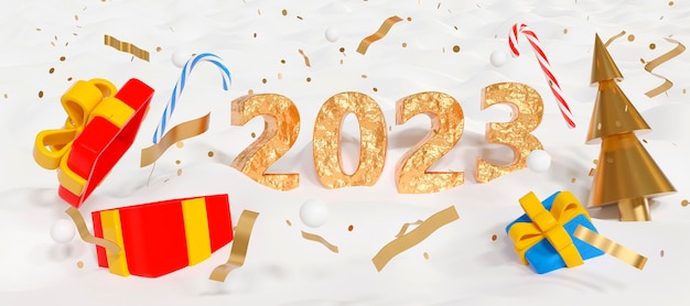 Feliz año nuevo 2023 cartel 2023 texto con caja de regalo Bastón de Navidad Árbol de Navidad en la nieve 3d