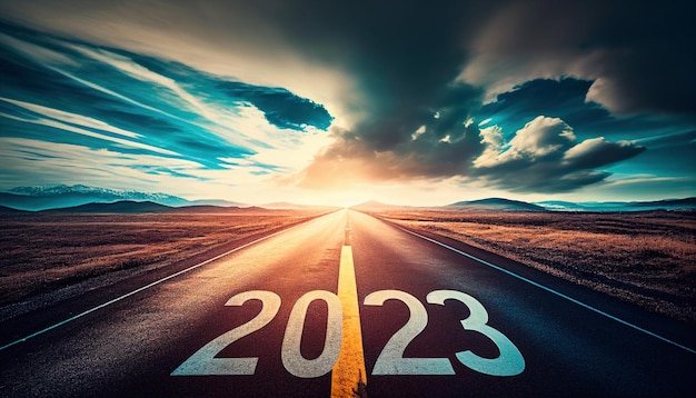 Feliz año nuevo 2023. concepto de diseño moderno transporte por carretera para creativos y diseñadores que hacen obras de arte para tarjetas, invitaciones, pancartas, afiches, calendario y decoración de celebración de sitios web. IA generativa