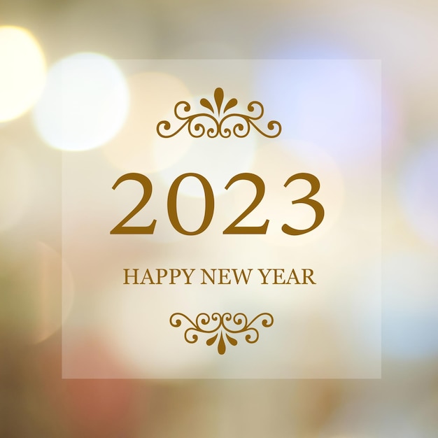 Foto feliz año nuevo 2023 en desenfoque de fondo abstracto bokeh banner de tarjeta de felicitación de año nuevo