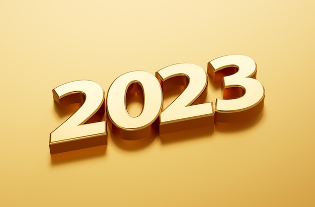 Feliz Año Nuevo 2023 Números dorados en 3D sobre fondo dorado Ilustración 3d