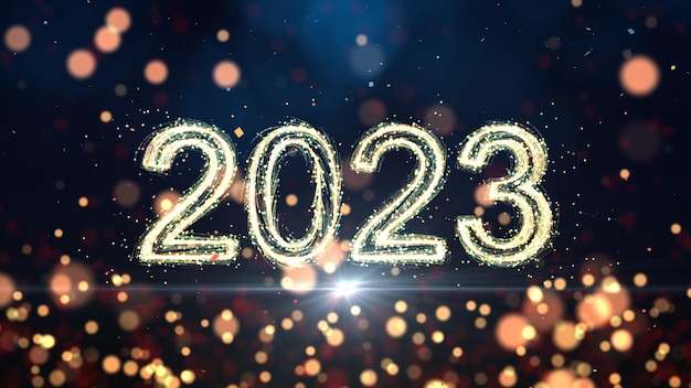 Feliz Año Nuevo 2023 Números prominentes en el centro y luces bokeh brillan en el fondo