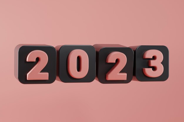 Foto feliz año nuevo 2023 con rosa metálico en caja negra 3d render concepto para festival de vacaciones