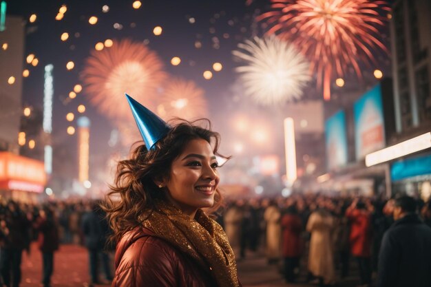 Feliz año nuevo 2024 celebración y la gente concepto grupo de amigos sonrientes y fuegos artificiales