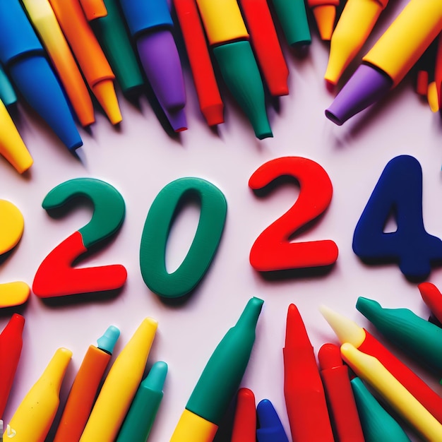 Feliz año nuevo 2024 escrito con lápices de colores y números coloridos sobre fondo blanco