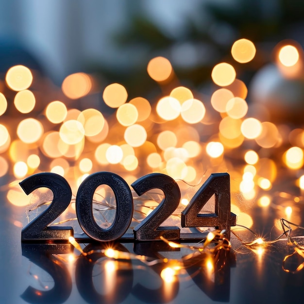 Foto feliz año nuevo 2024 en fondo bokeh