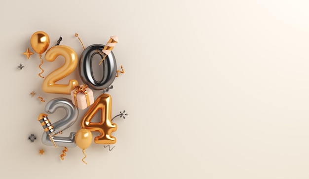 Feliz año nuevo 2024 fondo de decoración con globo fuegos artificiales cohete caja de regalo renderizado 3D