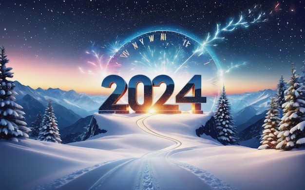 feliz año nuevo 2024 y fondo de nieve