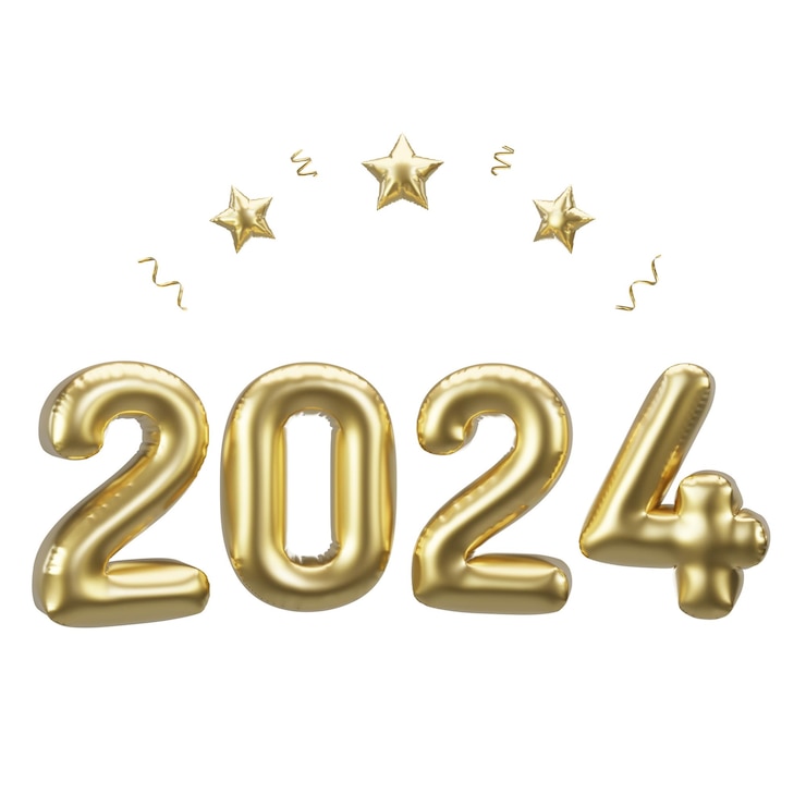 Feliz año nuevo 2024 globos de aluminio de oro metálico Ilustración 3D globos de helio dorado 2024