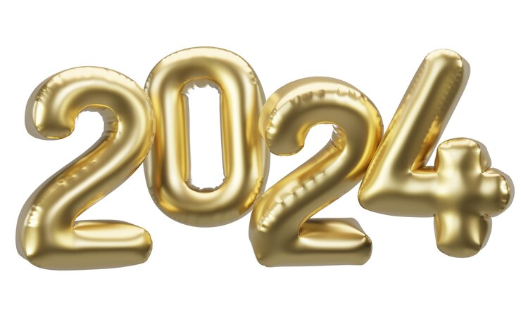 Feliz año nuevo 2024 globos de aluminio de oro metálico Ilustración 3D globos de helio dorado 2024