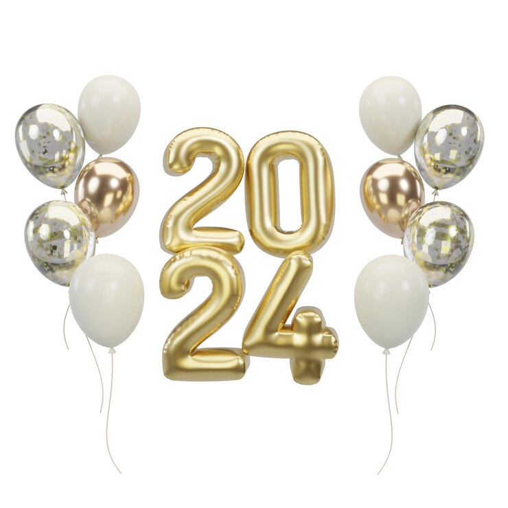 Feliz año nuevo 2024 globos de aluminio de oro metálico Ilustración 3D globos de helio dorado 2024