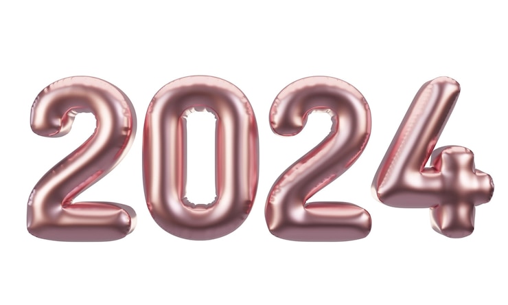 Feliz año nuevo 2024 globos metálicos de papel de aluminio de oro rosa Ilustración 3D Balones de helio de oro rosa 2024