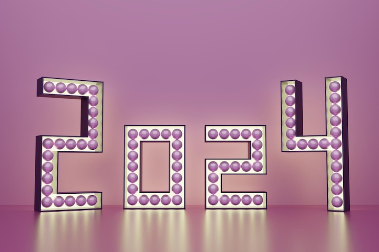 Foto feliz año nuevo 2024 luz futurista brillante neón renderizado en 3d