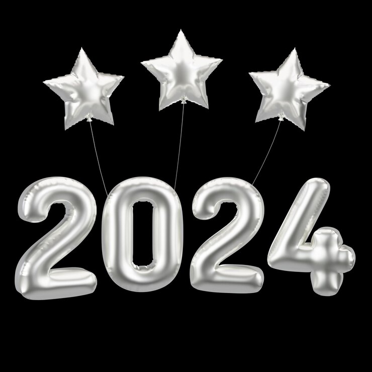 Feliz año nuevo 2024 metálico Balones de aluminio plateado 3D render Platino Balones de helio 2024