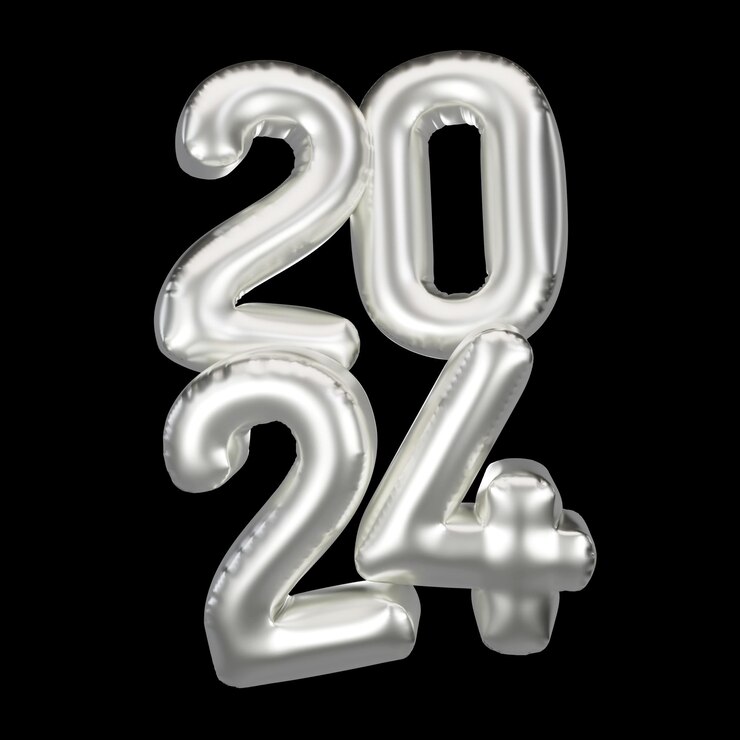 Feliz año nuevo 2024 metálico Balones de aluminio plateado 3D render Platino Balones de helio 2024