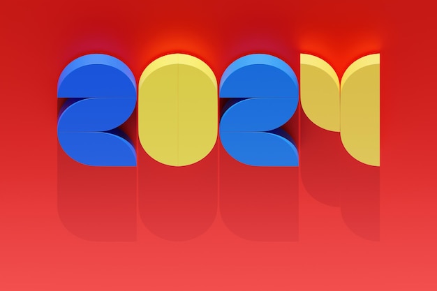 Feliz Año Nuevo 2024 Números volumétricos multicolores de 2024 sobre un fondo rosa l Fondo navideño de moda Ilustración 3d realista