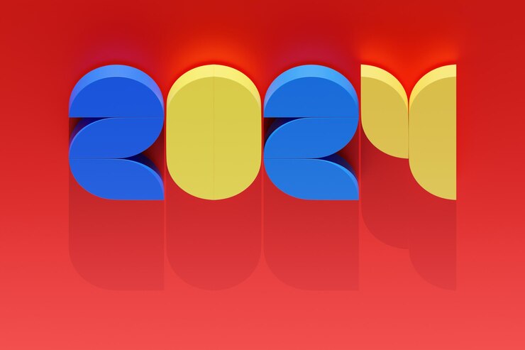 Foto feliz año nuevo 2024 números volumétricos multicolores de 2024 sobre un fondo rosa l fondo navideño de moda ilustración 3d realista