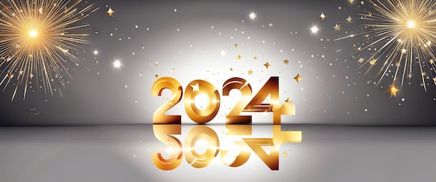 Feliz Año Nuevo 2024 símbolo dorado sobre fondo claro con salpicaduras brillantes y saludo con ilustración de bokeh