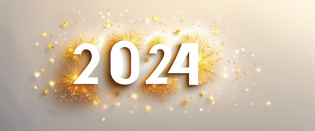 Feliz Año Nuevo 2024 símbolo dorado sobre fondo claro con salpicaduras brillantes y saludo con ilustración de bokeh