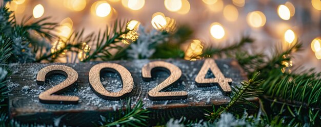 Feliz año nuevo 2024 tarjeta de felicitación guirnalda atmósfera de Navidad celebración del árbol recordando momentos brillantes chispas y números 2024