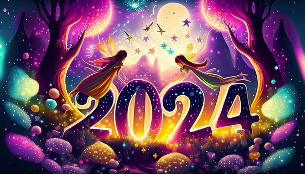 Feliz año nuevo 2024 tarjeta con niñas hermosas en el bosque de hadas