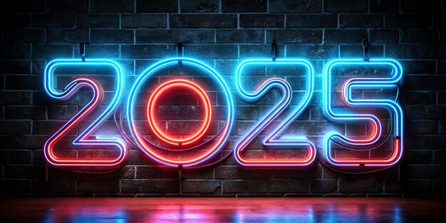 Feliz Año Nuevo 2025 letrero de neón brillante en el fondo de la pared de ladrillo