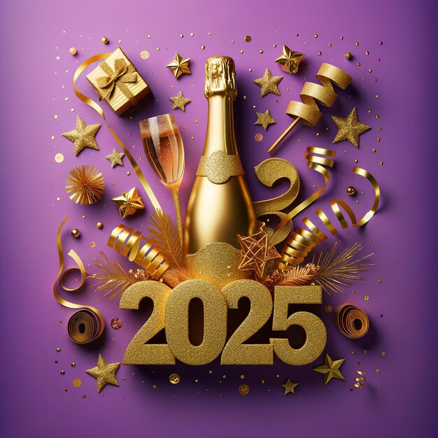 Feliz año nuevo 2025 con números dorados y estrellas brillantes Foto