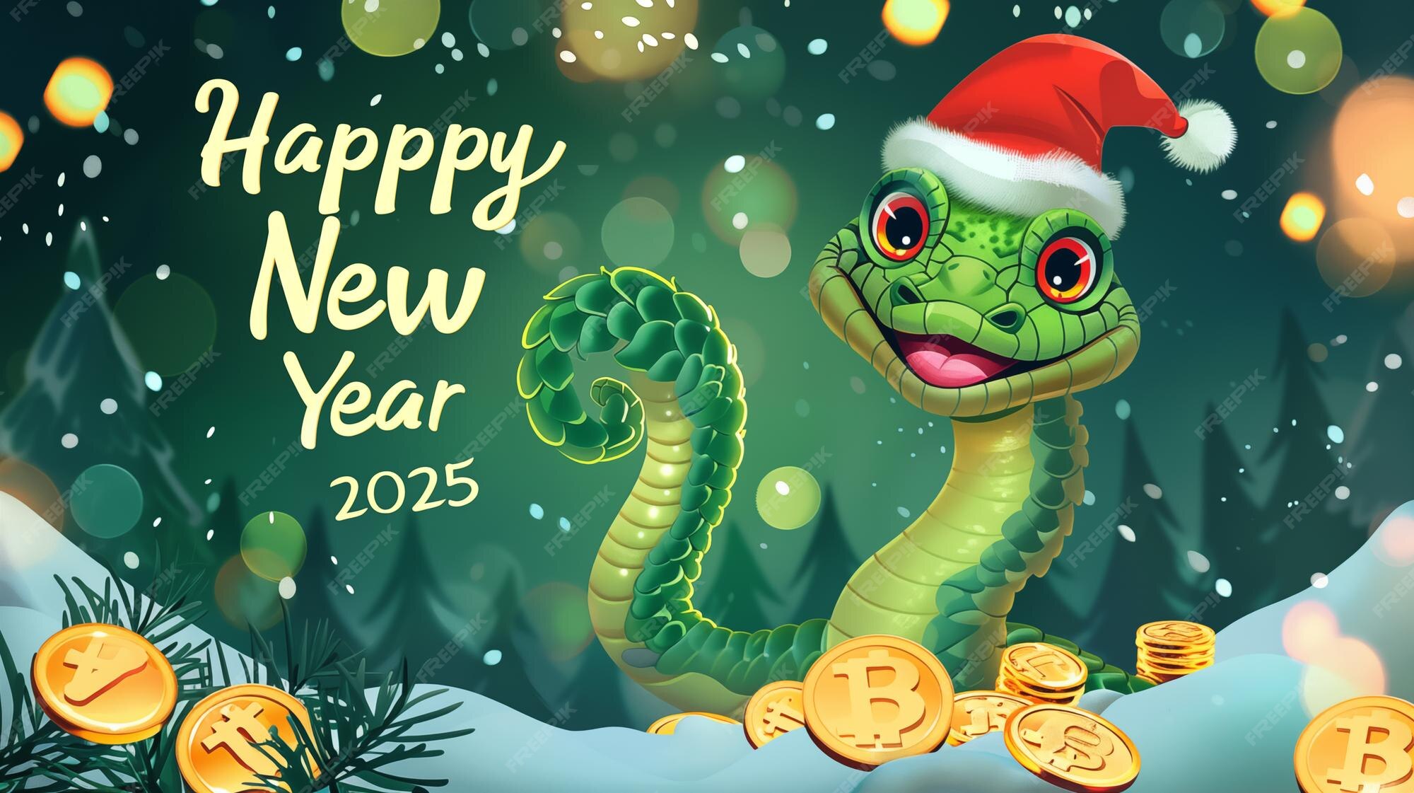 Feliz Año Nuevo 2025 Serpiente de dibujos animados con sombrero de Papá
