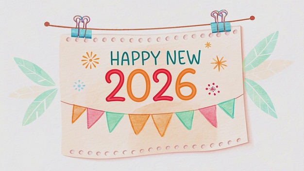 Feliz Año Nuevo 2026 Efecto de texto diseño de pancarta o cartel de cartel acuarela sobre fondo blanco