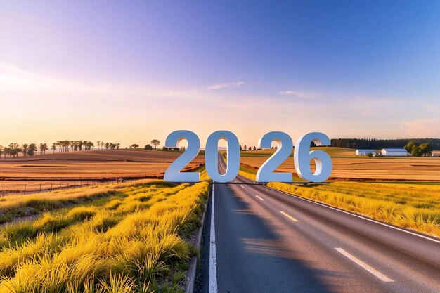 Feliz Año Nuevo 2026 El número 2026 se encuentra en la carretera a través de la amplia pradera por la mañana generativo ai
