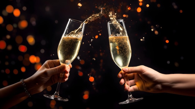 Feliz año nuevo Celebración de la víspera del año nuevo Brindis con vino espumoso o copas de champán