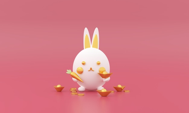 Feliz año nuevo chino 2023 año del conejo lindo signo del zodiaco con elementos de riqueza de dinero oro en color pastel Traducción de fondo Feliz año nuevo