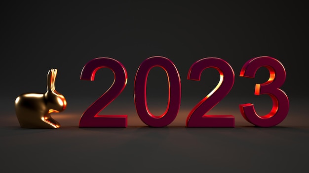 Feliz año nuevo chino 2023 texto en 3d, año del concepto de conejo aislado sobre fondo negro.