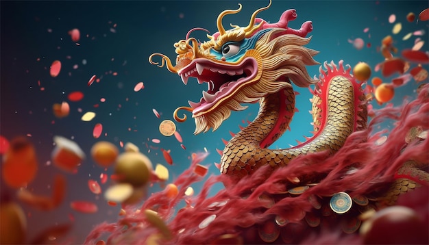 Foto feliz año nuevo chino 2024 el signo del zodiaco del dragón con flores linterna elementos asiáticos corte de papel dorado