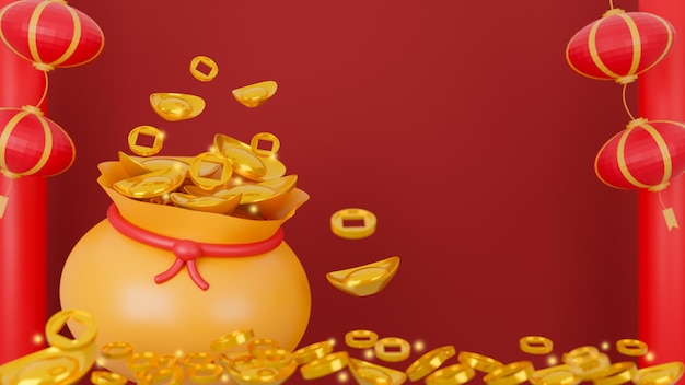 Feliz año nuevo chino de bolsa de oro y linterna china sobre fondo rojo. representación 3d