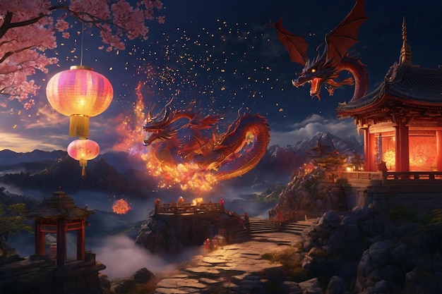feliz año nuevo chino festival paisaje de fondo con dragón