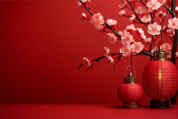 Feliz año nuevo chino flores de sakura y linterna tradicional en rojo