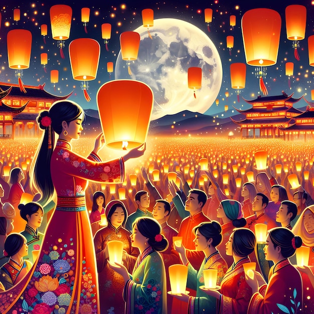 Feliz Año Nuevo Chino Gente con ropa tradicional con linternas en el templo
