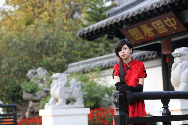 Feliz Año Nuevo Chino. hermoso, joven, mujer asiática, vestido, tradicional, cheongsam