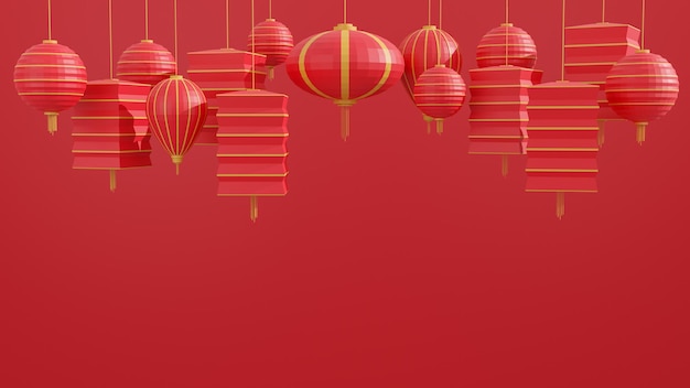 Feliz año nuevo chino de linterna china sobre fondo rojo renderizado 3d